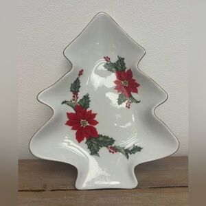 Vintage 1987 Lefton Porcelain
Tree-Shaped Dish with Red Poinsettia Design 8 in